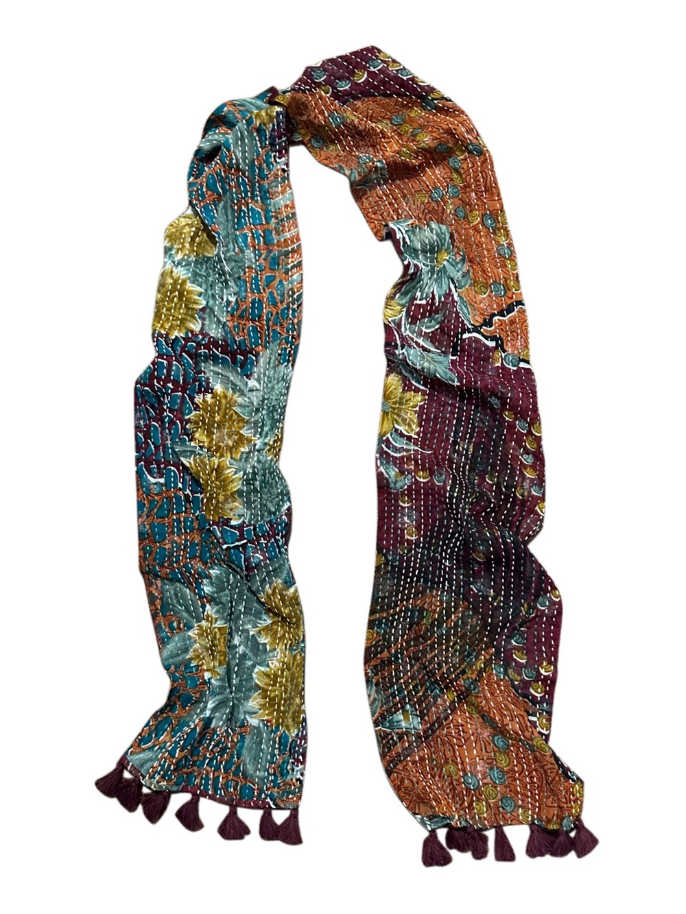 Kantha Style Scarf Boho Vibe Reversible Floral Multicolored Patchwork